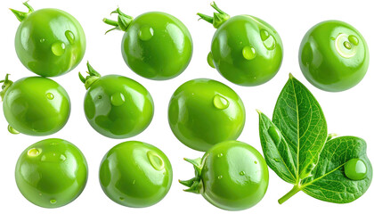Green peas cluster with stems and leaves, adorned with dewdrops, against a black background