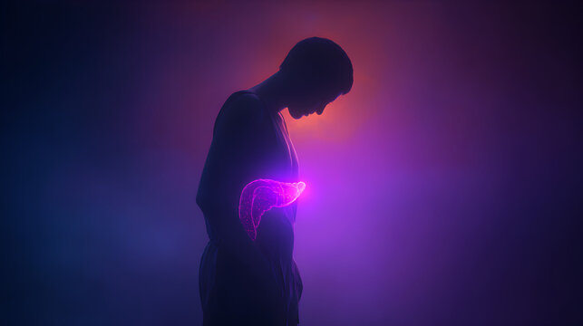 Silhouette of person with glowing pancreas in body highlighting awareness, prevention, and research for World Pancreatic Cancer Day and healthcare education
