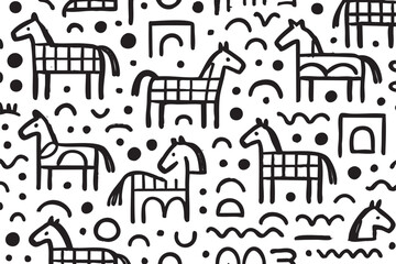 Fototapeta premium Black outline drawings of stylized horses, dots, and abstract shapes on a white background, forming a seamless pattern with a whimsical, minimalistic design.
