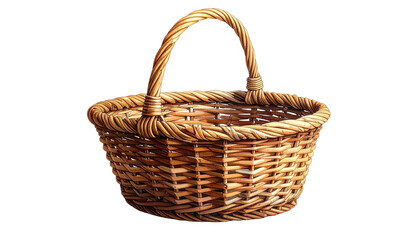Handwoven, light brown basket made of wicker with a handle; empty with a black background