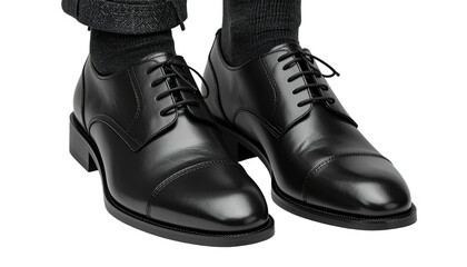 Polished black dress shoes with socks. Detail of lower legs and ankles