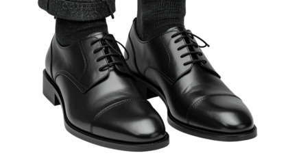 Polished black dress shoes with socks. Detail of lower legs and ankles