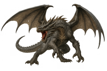 Grey mythical dragon creature ready to attack, showing aggressive posture, textured skin, and powerful features, cutout