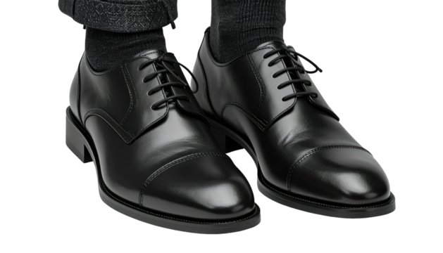 Polished black dress shoes with socks. Detail of lower legs and ankles