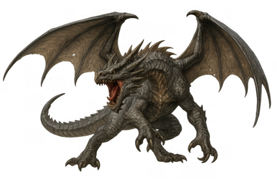 Grey mythical dragon creature ready to attack, showing aggressive posture, textured skin, and powerful features, cutout