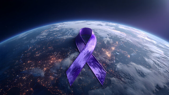 Purple ribbon symbolizing World Pancreatic Cancer Day placed above Earth globe from space showing global unity and awareness for health and hope
