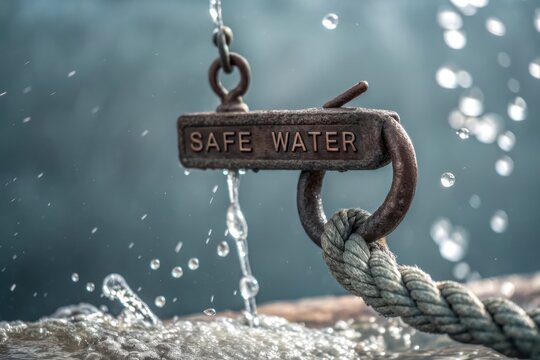 Rusty metal hook with SAFE WATER inscription and rope detail