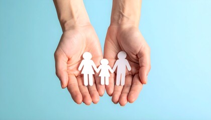 Hands holding family figures on blue background