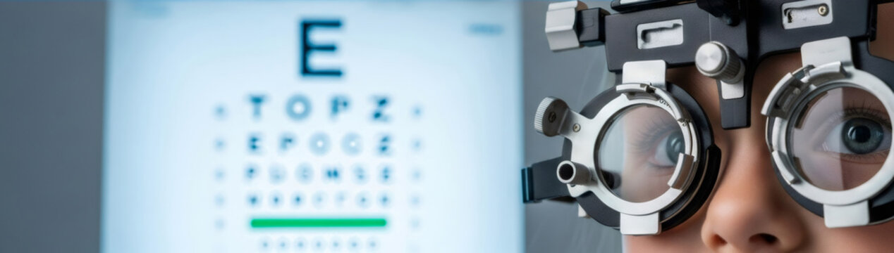 Child eye exam with phoropter. Pediatric vision test. Ophthalmologist checks visual acuity using optical equipment, distant snellen chart. Vision care.