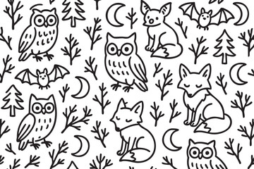 Fototapeta premium Black and white seamless pattern featuring cute woodland animals, including owls, foxes, and bats, surrounded by trees and crescent moons.