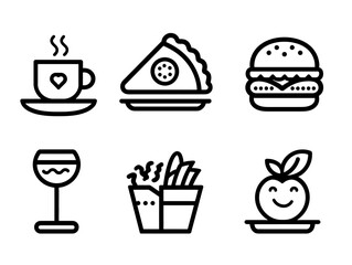 Minimalist Vector Food Icon Set Featuring Coffee Cup Sandwich Burger French Fries and Fruit in Modern Line Style for Digital and Print Use