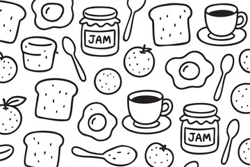 Obraz premium Black and white seamless pattern featuring breakfast items such as jam jars, slices of toast, fried eggs, cups of coffee, and fruit.