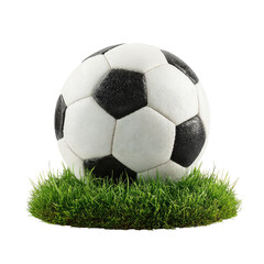 Soccer ball rests on lush green grass against a black background, simple and clean presentation