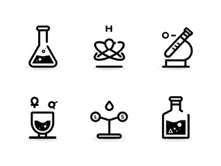 Minimalist Scientific Laboratory Vector Icon Set with Chemical Flask Microscope and Molecular Structure Design Style Monochrome Color Scheme