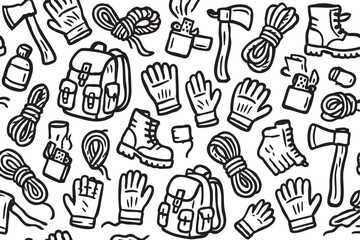 Black and white seamless pattern featuring camping equipment including backpacks, ropes, gloves, boots, axes, and bottles.