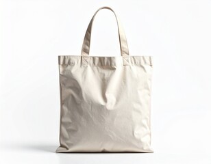 Blank beige tote bag isolated on white background with handle, mockup, cloth, shopper, design, space