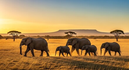 Elephants at Sunset - A Majestic African Wildlife Scene.