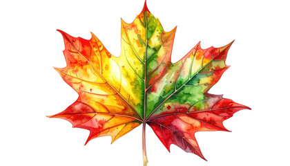 Watercolor maple leaf; vibrant hues of red, yellow, and green against a black background. Intricate details captured
