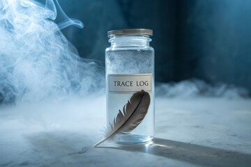 A feather specimen preserved inside a transparent jar