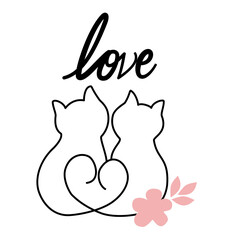 Minimal line art of two cats forming a heart shape with soft floral 