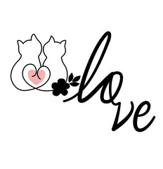 Minimal line art of two cats forming a heart shape with soft floral accents and love 