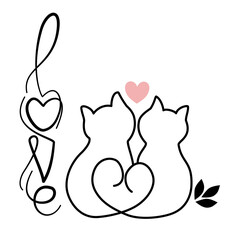 Minimal line art of two cats forming a heart shape 