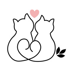 Minimal line art of two cats forming a heart shape with soft floral accents and love lettering.
