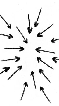 Hand drawn chalk arrows pointing inward from all sides toward the center, symbolizing focus, collaboration, pressure, or centralization on a white background.