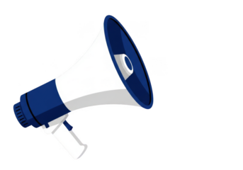 Classic white and blue megaphone device for amplifying sound isolated on transparent background