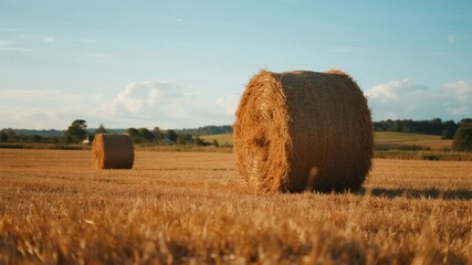 Fototapeta premium Hay bales in a harvested field under a clear sky