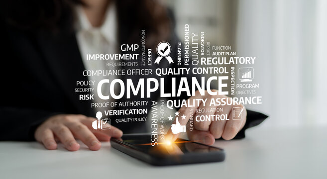 A business professional engages with a smartphone amidst a conceptual overlay focusing on compliance, quality control, and regulatory standards, representing corporate integrity. Tessel