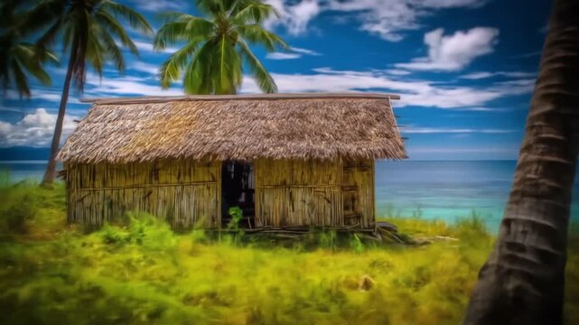 Rustic hut with thatched roof stands on a tropical island coast.