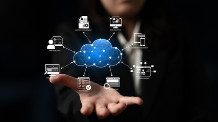 Obraz premium Cloud computing, cloud strategy, and cloud technology transforming digital infrastructure with scalable services, secure data storage, and cloud-based digital business solutions. Spline