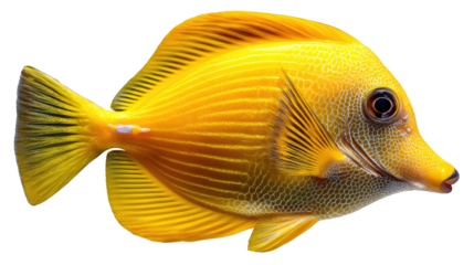Golden Fish: A close-up shot of a vibrant golden fish showcases intricate details of its scales, fins, and unique snout, set against a pristine backdrop.