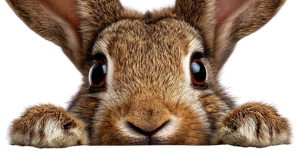 Curious Bunny's Peek: A close-up view of a curious bunny with expressive eyes and soft fur, peering over the edge, revealing its playful nature and innocent charm.