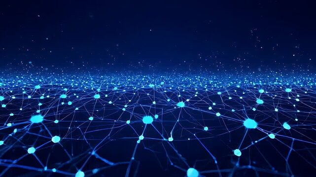 Deep blue network with glowing nodes interconnected by lines, receding into a star-speckled background
