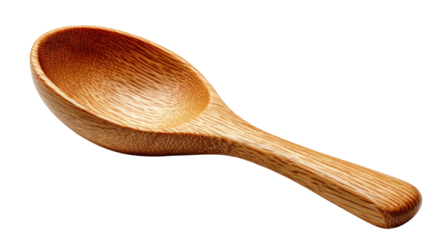 Wooden Spoon: A beautifully crafted wooden spoon with a smooth, curved bowl and long handle, perfect for stirring and serving culinary delights.