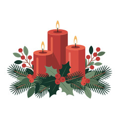 Festive red candles with evergreen and holly arrangement