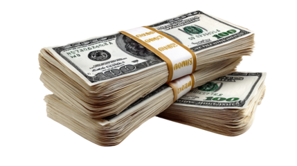 Stacks of Hundred Dollar Bills: Two bundles of hundred dollar bills are neatly stacked, secured with currency straps, a symbol of wealth and financial transactions.