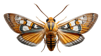 Moth's Exquisite Display: A detailed top-down view of a vibrant moth with intricate wing patterns showcasing nature's artistry.