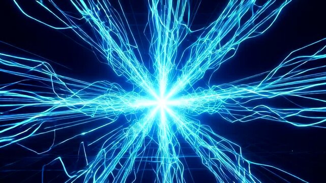 Dynamic blue lightning bolt pattern radiating from the center, creating an energetic visual effect