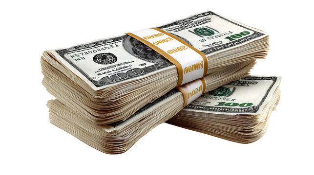 Stacks of Hundred Dollar Bills: Two bundles of hundred dollar bills are neatly stacked, secured with currency straps, a symbol of wealth and financial transactions.