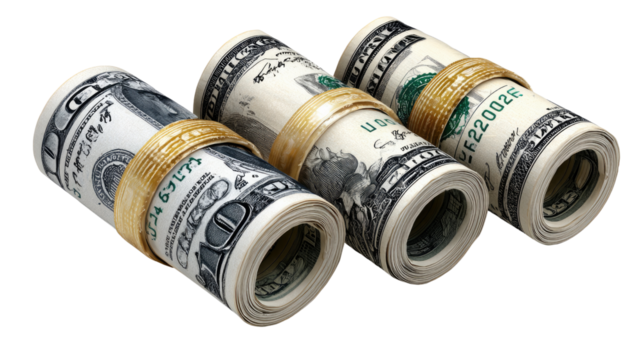 Money Rolls: Close-up of rolled up American currency secured with bands, representing wealth, savings, or financial success.