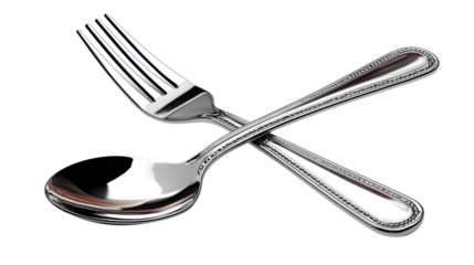 Silverware Duo: A fork and spoon elegantly cross, their polished surfaces reflecting a sense of culinary readiness and poised for a fine dining experience.