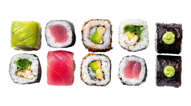 Flat lay assorted sushi rolls with wasabi and pickled ginger on transparent background