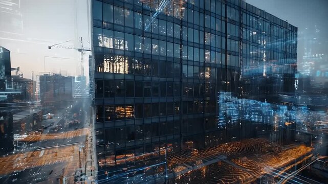 Cityscape with digital overlay showing gridlines and construction, in a cool blue and grey palette