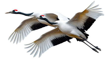 Fototapeta premium Soaring Cranes: Two graceful cranes, their wings spread wide against a bright backdrop, symbolizing freedom, elegance, and the art of flight. The birds are captured in mid-air.