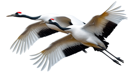 Soaring Cranes: Two graceful cranes, their wings spread wide against a bright backdrop, symbolizing freedom, elegance, and the art of flight. The birds are captured in mid-air.