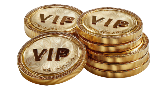 VIP Tokens: A close-up shot of several gold VIP tokens, suggesting exclusivity and privilege. Ideal for promotions, rewards, or membership programs.