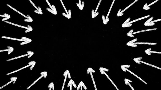 Hand drawn chalk arrows pointing inward from all sides toward the center, symbolizing focus, collaboration, pressure, or centralization on a black background.